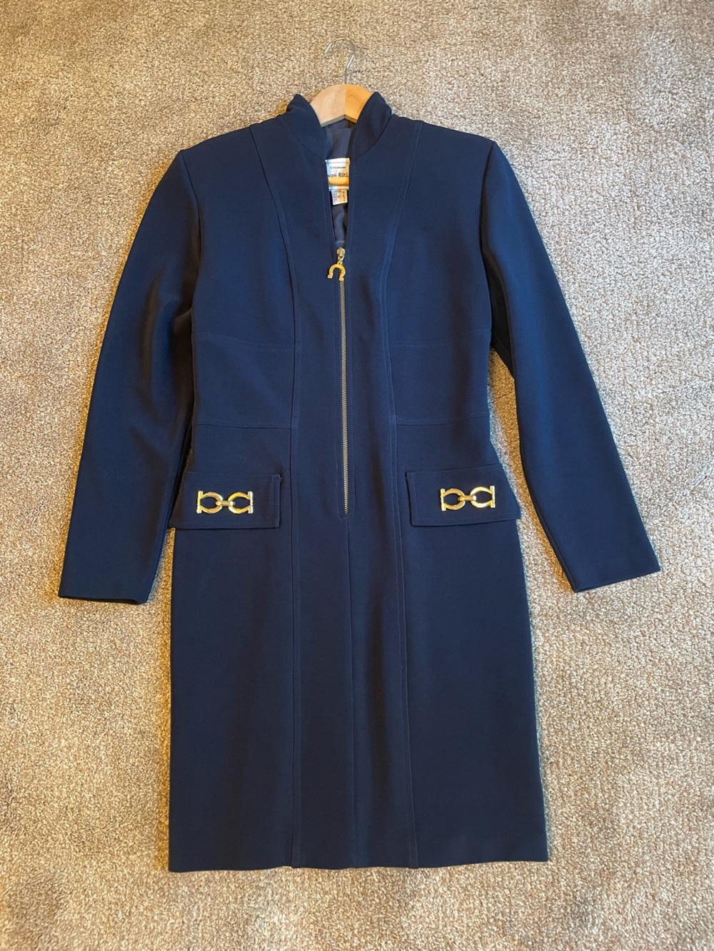 Joseph Ribkoff Creations Vintg Navy Horsebit Zip Jacket Dress  8  Gold Hardware
